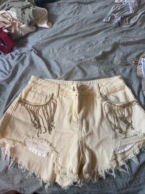 SHEIN Cream Distressed Denim Shorts with Chain Fringe